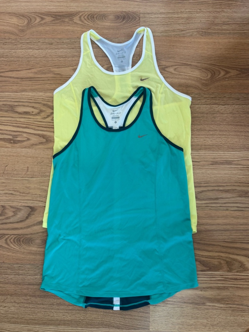 2 Nike Women’s Dri-FIT Racerback Tank — Teal & Yellow - Large